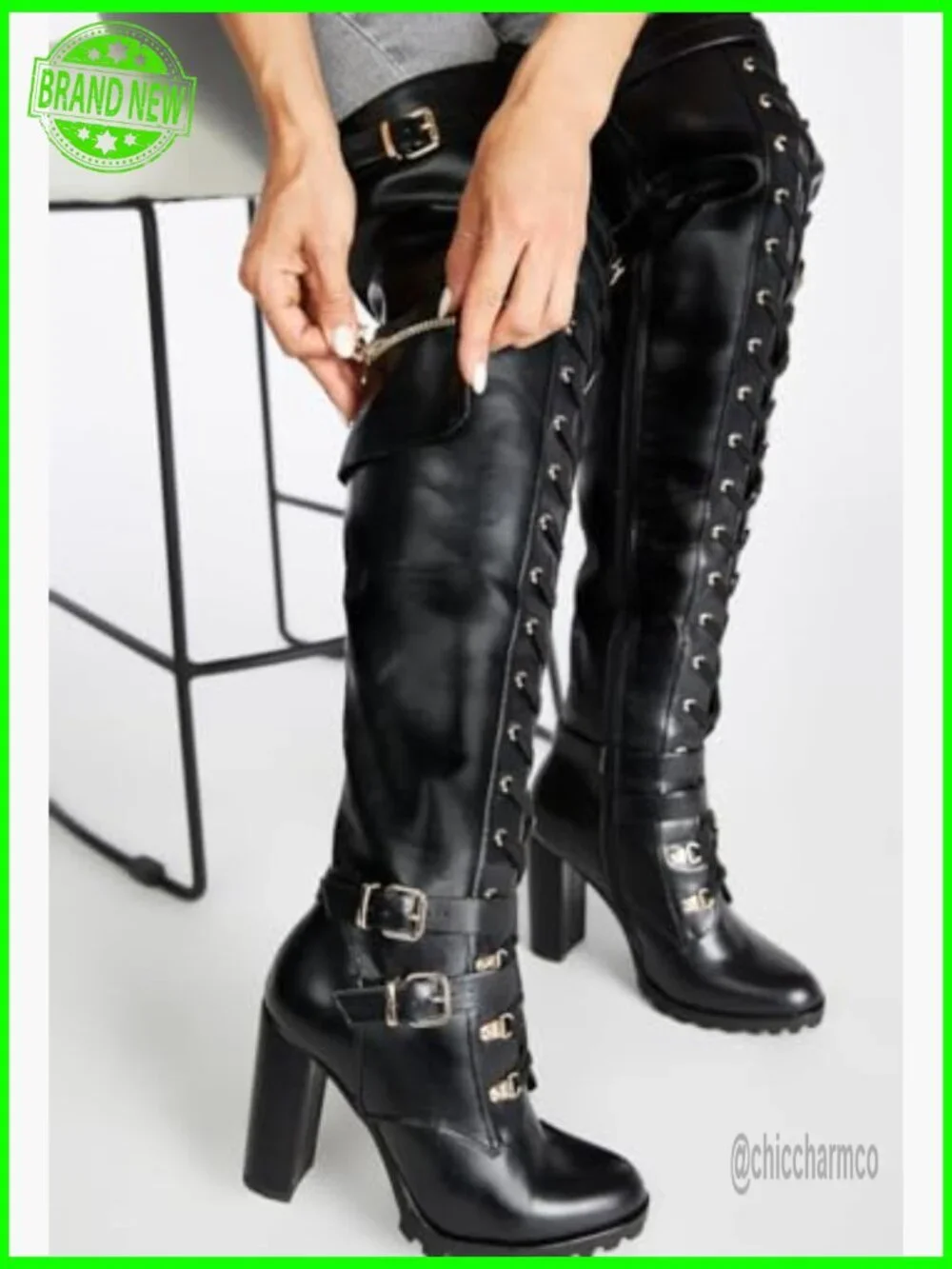 Thigh High Boots Chunky Heel Over The Knee Lace Up Combat Boots Side Zipper
